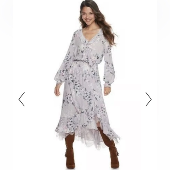 Daydreamer Dresses & Skirts - Daydreamer White and Gray Asymmetrical Ruffled Wrap Dress